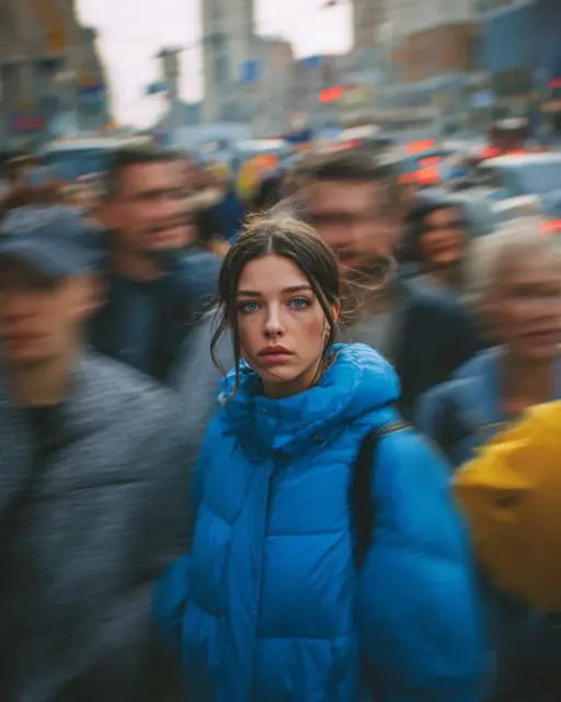Ultra-realistic cinematic street portrait of a young woman in a bright blue puff...