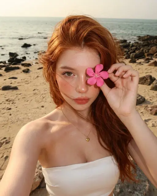 { "prompt": "Ultra-realistic beach selfie of a young woman with long wavy red ha...