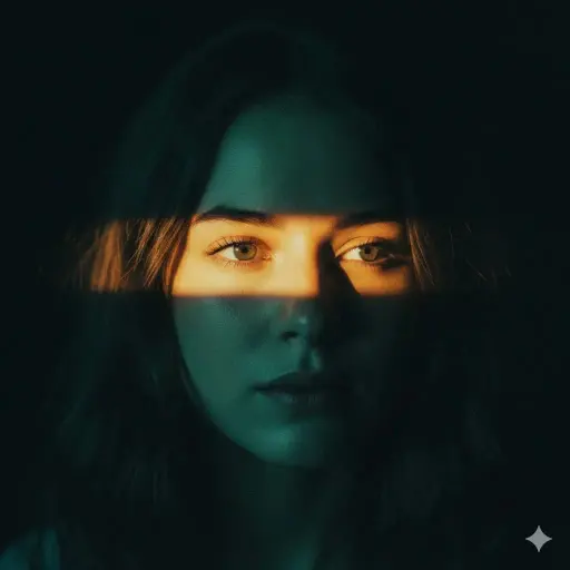 Ultra-realistic cinematic portrait of a young woman with soft brown hair, center...