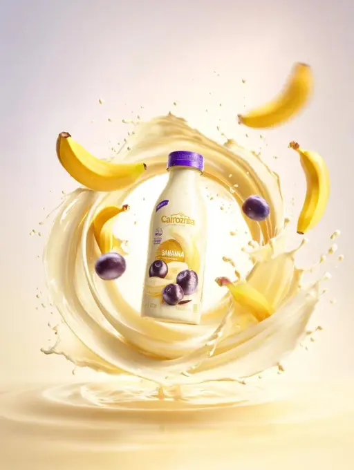 Premium banana milk drink bottle surrounded by swirling milk splash, floating ba...