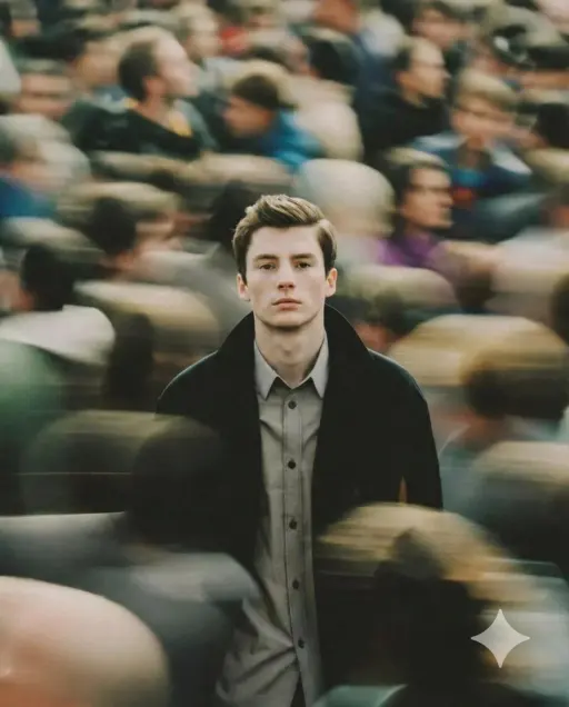 A cinematic portrait of a young man standing still in the middle of a busy crowd...