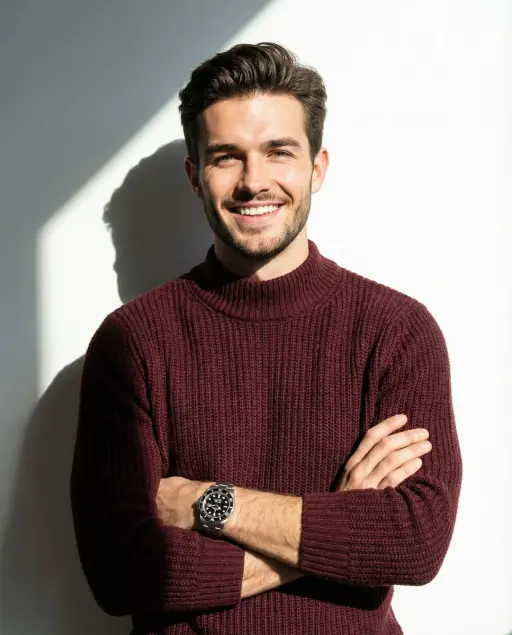 A man smiling and posing with his arms crossed, wearing a maroon knitted high-co...
