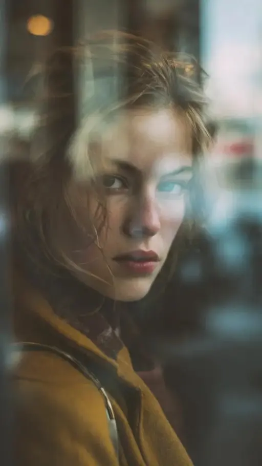 Reflection in glass window, layered composition, subject of a beautiful woman pa...