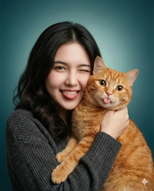 A heartwarming studio portrait of a young woman holding a cute orange tabby cat...