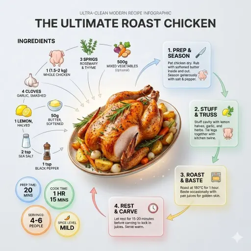 Ultra-clean modern recipe infographic. Showcase Roast chicken in a visually appe...