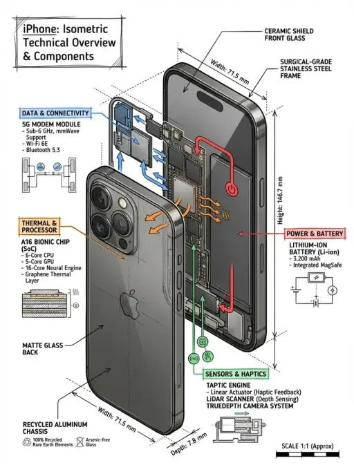 Create a technical infographic of [OBJECT] with a 45-degree isometric 3D perspec...