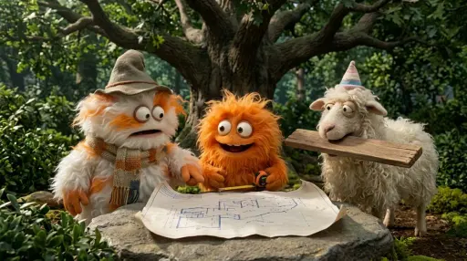 Create a funny 4-part story featuring 3 fluffy creatures building a treehouse. T...