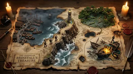 A hand-drawn treasure map on aged parchment, with the adventure erupting into th...