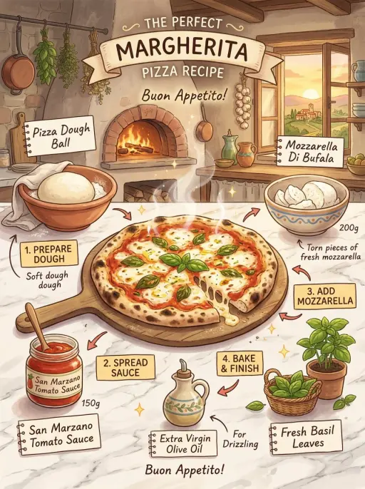 margherita pizza recipe infographic, Studio Ghibli inspired illustration, tradit...