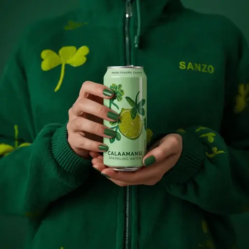 A photorealistic product shot of a person holding a slim, light green can of San...