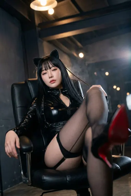 { "subject": { "description": "A cinematic dominant-lounge cosplay portrait: a w...
