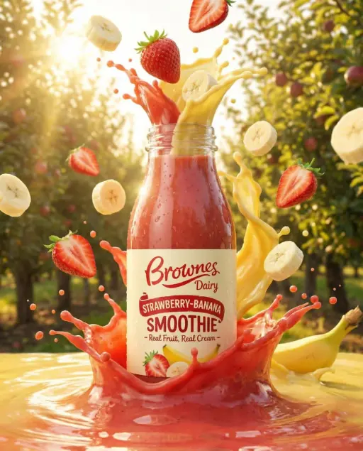 Ultra-realistic product ad of a premium fruit drink bottle, dynamic liquid splas...