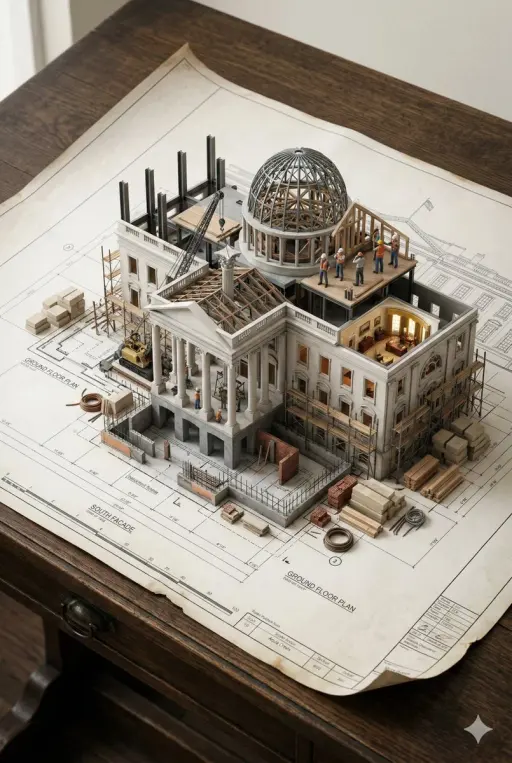 An architectural blueprint of [BUILDING_NAME] placed on a {SURFACE}, with a phot...