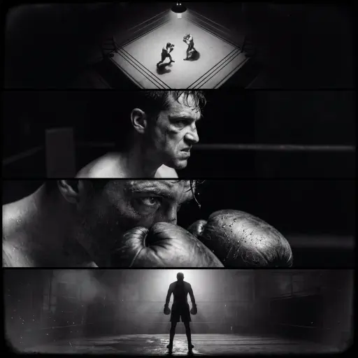 Create a single film noir–style cinematic image divided into four horizontal pan...