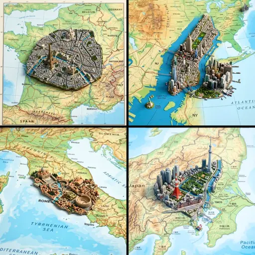 Ultra-realistic top-down geographic map with precise cartographic accuracy, clea...