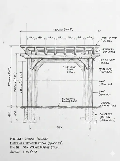 Pergola Blueprint Prompt: Hand-drawn architectural pencil sketch of a wooden gar...