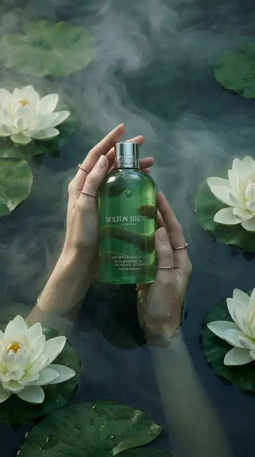Luxury product photography of a green translucent bath and shower gel bottle hel...
