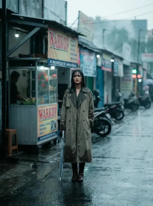 Full body fashion editorial of a beautiful Indonesian woman, wet pavement outsid...