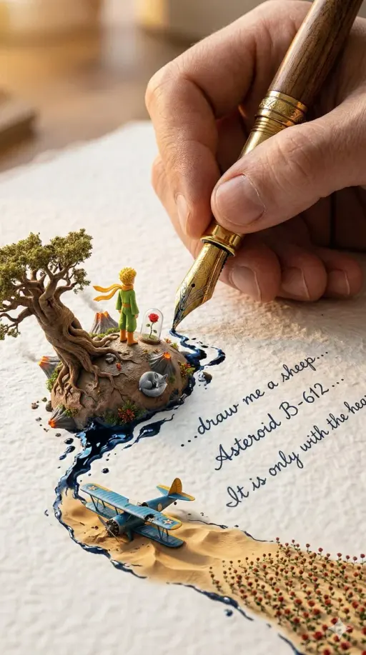 A colossal hand gripping an enormous vintage fountain pen, captured in vertical...