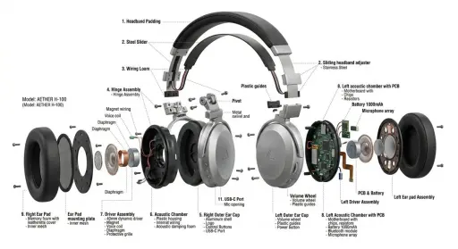 product design, [object or vehicle with material accents], exploded view diagram...