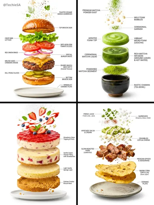 Create a hyper-realistic exploded vertical infographic composition of [FOOD]. At...