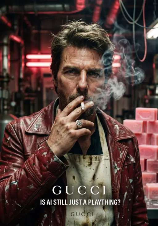 A highly detailed, cinematic portrait of Tom Cruise, featuring a gritty, industr...