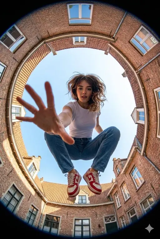 Make an Ultra-wide fisheye lens perspective shot from ground level looking strai...