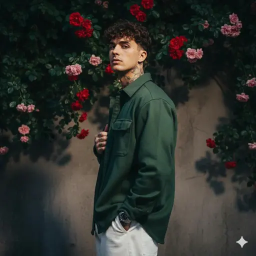Create a realistic dark green portrait cinematic image with dramatic bold attitu...