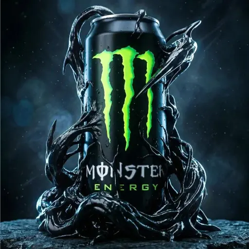 Cinematic ultra-high-end product photography of an official Monster Energy drink...