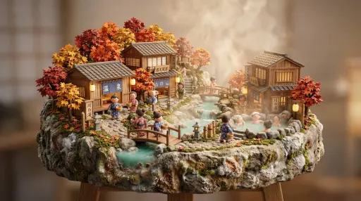 3D miniature scene, a [JAPANESE ONSEN VILLAGE] with [wooden bathhouses, steam ri...