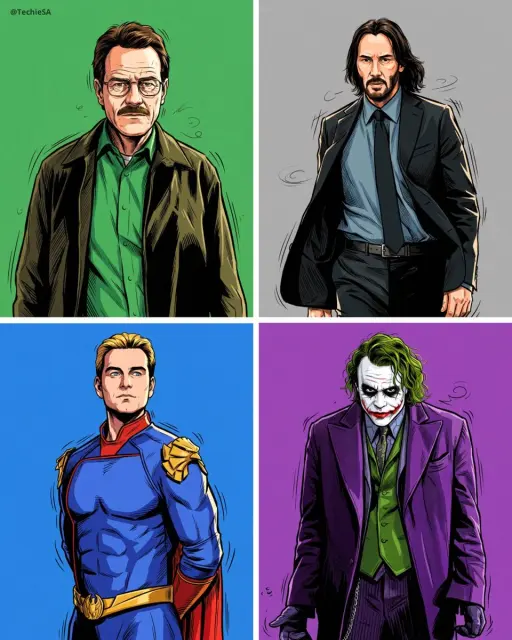 Create a high-contrast digital comic-style illustration of [PERSON] based strict...