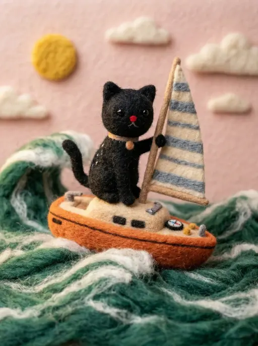 { "target_style": "Handcrafted needle-felted wool miniature", "texture_propertie...