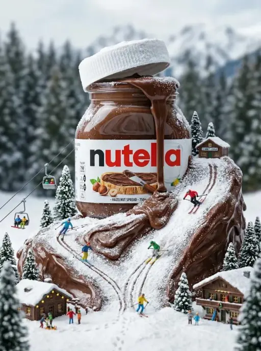 { "cinematic miniature winter world built around a giant Nutella jar, thick choc...