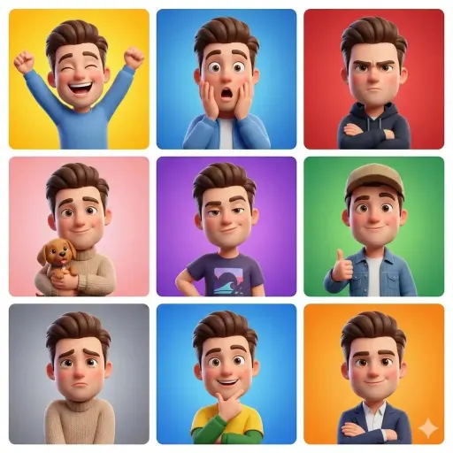 3D cartoon avatar character showing different emotions arranged in a 3x3 grid, s...
