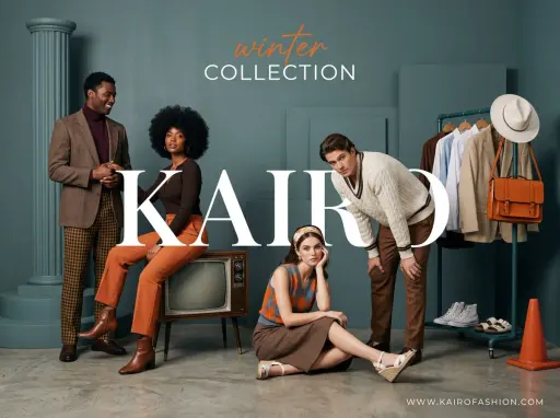 A wide-angle, studio fashion advertisement with a sophisticated retro-modern aes...