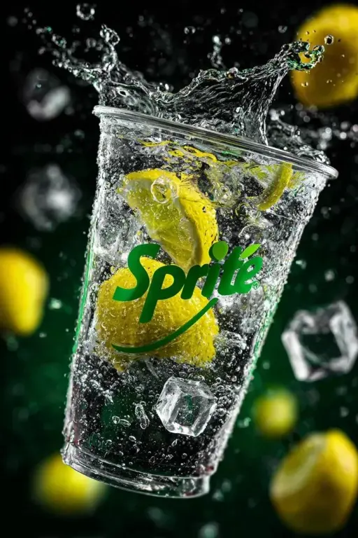 A transparent cup filled with fresh Sprite lemon soda floating in the air, surro...
