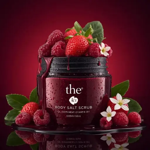 Ultra-realistic luxury cosmetic product photography of a deep red glass jar labe...