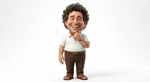 Eine hochdetaillierte 3D-Karikatur eines fröhlichen Mannes mit überdimensional g...