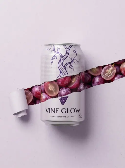 Grape Can – “Vine Glow” Minimale Produktfotografie einer 330-ml-Aluminiumdose mi...