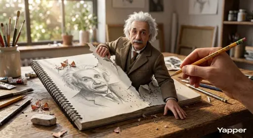 Hyper-realistische 3D-Illustration von Albert Einstein, der aus den Seiten einer...