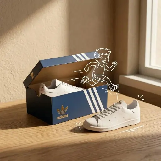 Adidas-Sneaker in der Box, minimalistische Produktfotografie, saubere warme Stud...