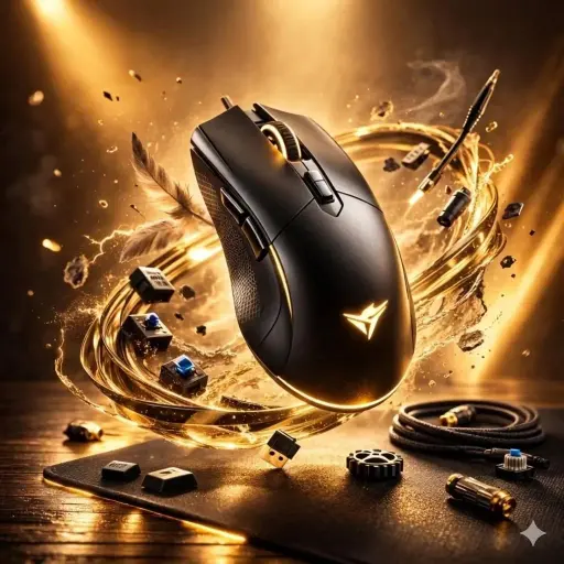 Ultrarealistische Gaming-Maus schwebend über einem Schreibtisch, umgeben von leu...