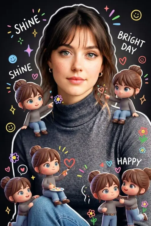 Den realistischen Hauptgegenstand umgeben mehrere niedliche, 3D-Stil-Chibi-Minia...