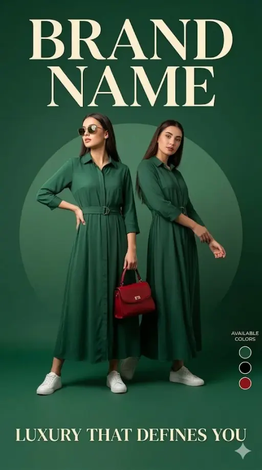 Poster pubblicitario di moda di lusso, sfondo verde scuro con un gradiente circo...