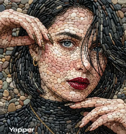 Un ritratto a mosaico di ciottoli altamente dettagliato di una bella donna, dove...