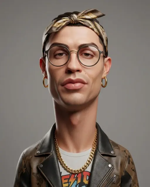 Crea un ritratto 3D caricaturale esagerato e stilizzato con una forte deformazio...