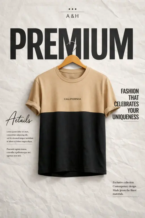 Crea un poster pubblicitario di moda minimalista di alta gamma. Sfondo: texture...