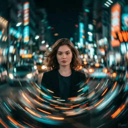 ritratto cinematografico di una giovane donna in piedi perfettamente immobile me...