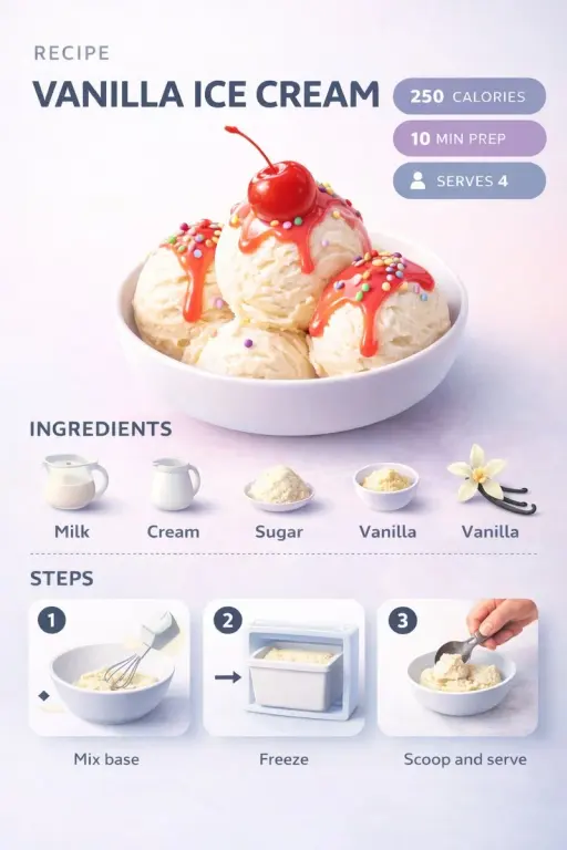 Ultra-clean modern recipe infographic. Showcase Vanilla Ice Cream Scoops with sy...