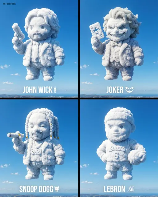 A massive, photorealistic cumulus cloud sculpted into the shape of a chubby, chi...